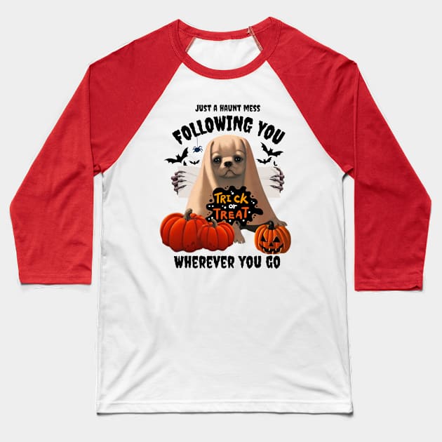 Funny Halloween American Bulldog Puppy in Cheesecloth Pumpkin Halloween Baseball T-Shirt by Mochabonk